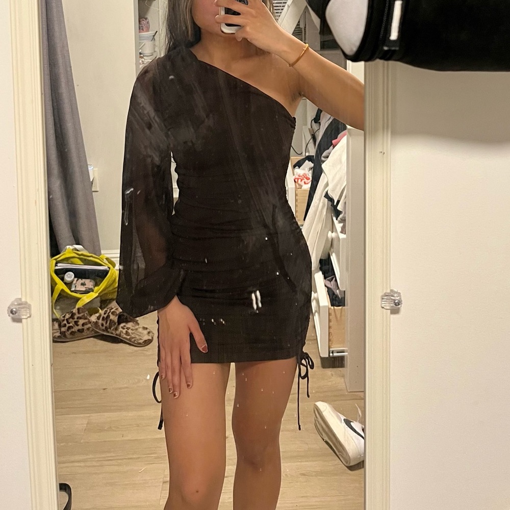 H&M Dark Brown One Shoulder Mini Dress | Size XS